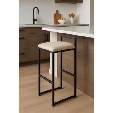 Imagem de Banquetas Altas Estofadas com Base de Ferro – Ideal para Cozinha, Área de Lazer e Balcão, Confortável e Resistente(linho bege)