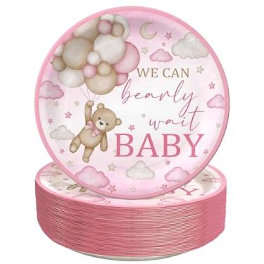 Imagem de Yuzioey 50 peças de pratos de chá de bebê de urso rosa, pratos de papel descartáveis We Can Bearly Wait de 18 cm, pratos de sobremesa decorativos para chá de bebê de urso
