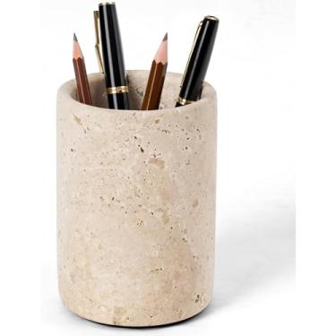 Imagem de Radicaln Suporte de papel de parede de mármore travertino de 10 cm feito à mão para mesa, ideal para organizador de mesa, acessórios de espaço de trabalho e artigos de papelaria escolares