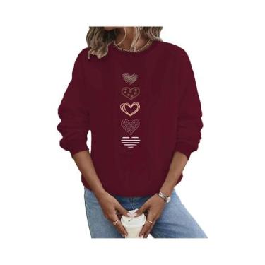 Imagem de Moletom Feminino Casual Com Estampa De Coração, Manga Longa, Gola Redo