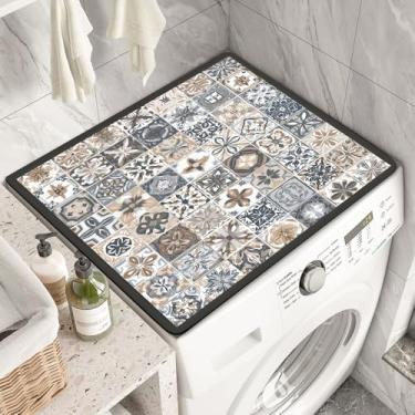 Imagem de Vesvory Tapete simples Boho para máquina de lavar e secar roupa de cama listrado grade geladeira secador de poeira topo de lavagem forno à prova de poeira capa de mesa estilo tapete multiuso (cinza