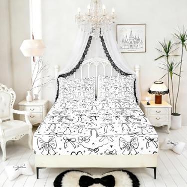 Imagem de Jogo de lençol solteiro com laço preto (sem plano), 2 peças, decoração de quarto de crianças, meninas, meninos, lençol com elástico alto, feminino, moderno, 1 fronha