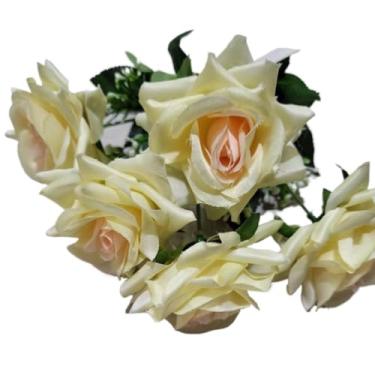 Imagem de Rosa Artificial Decorativa com 5 Flores na Ponta, Galho Realista para Arranjos e Decoração de Ambientes(Kit com 2 Unidades,Amarelo Claro)