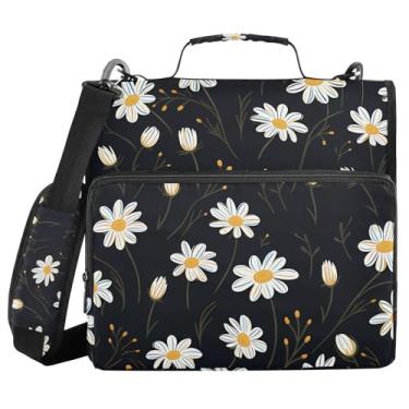 Imagem de Fichário de 3 anéis com zíper com alça de ombro margarida branca preta 3,8 cm para fichários de grande capacidade, vários bolsos para material de escritório escolar