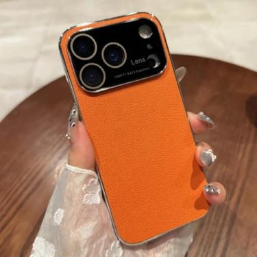 Imagem de SFDSUH Capa protetora com janela grande de vidro e textura de lichia para iPhone 15 Pro Max (Para iPhone 15 Pro Max/Laranja)