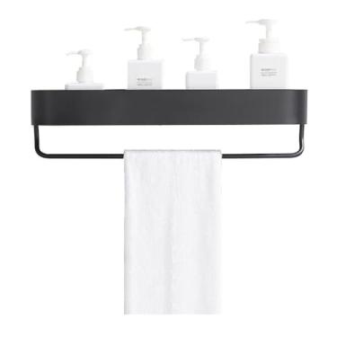 Imagem de Rack de armazenamento de chuveiro, prateleira de chuveiro com barra de toalha, organizador de chuveiro adesivo montado na parede com bordas redondas, prateleira de banheiro preta moderna organizador