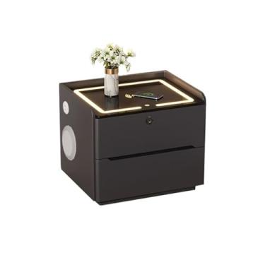 Imagem de Mesa de cabeceira moderna multifuncional de madeira moderna preta com duas gavetas para quarto prático (grande)