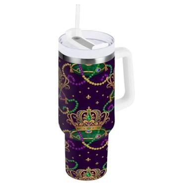 Imagem de Blueangle Copo isolado de coroa de carnaval de 850 g com alça e tampa de palha, caneca de viagem reutilizável de aço inoxidável (894)