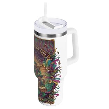 Imagem de Blueangle Copo isolado carnaval carnaval 1,134 g com alça e tampa de palha, caneca de viagem reutilizável de aço inoxidável (590)