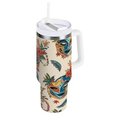 Imagem de Blueangle Copo isolado com padrão de máscaras de carnaval de 1,134 g com alça e tampa de palha, caneca de viagem reutilizável de aço inoxidável (59)