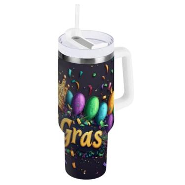 Imagem de Blueangle Copo isolado com coroa de carnaval de 1,134 g com alça e tampa de palha, caneca de viagem reutilizável de aço inoxidável (239)