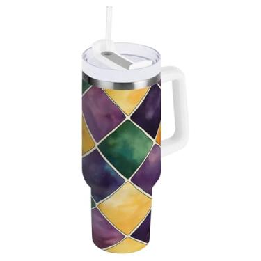 Imagem de Blueangle Copo isolado de carnaval de 850 g com alça e tampa de palha, caneca de viagem reutilizável de aço inoxidável (135)