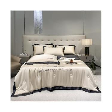 Imagem de x3anggyt5 Conjunto de edredom de cetim luxuoso de 4 peças, cor lisa, para o verão, macio, refrescante, brilhante (bege, 180 x 220 cm)