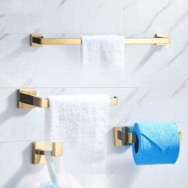 Imagem de Conjuntos de ferragens de banheiro suporte de papel higiênico preto toalheiro gancho de roupão conjuntos de ferragens de banho acessórios suporte de parede, conjunto completo dourado brilhante