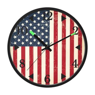 Imagem de STAYTOP Relógio de parede retrô de LED com bandeira americana para quarto com brilho noturno, relógios de parede silenciosos de 30 cm para decoração de sala de estar, controle de som, relógio de