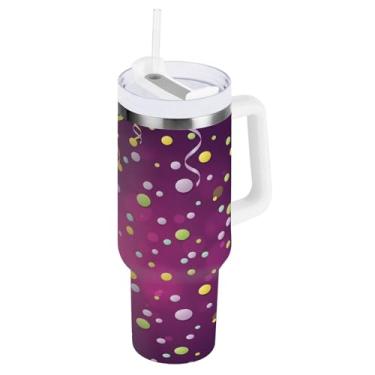 Imagem de Blueangle Copo isolado de confetes Mardi Gras de 1,134 g com alça e tampa de palha, caneca de viagem reutilizável de aço inoxidável (602)