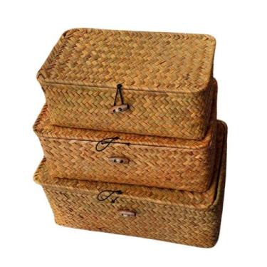 Imagem de Kit com 3 Cestos de Palha c Fecho em Madeira Charme Natural - Home