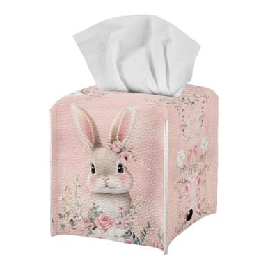 Imagem de doginthehole Decoração de Páscoa, capa de caixa de tecido, fofo, coelhinho da páscoa, rosa, floral, quadrado, organizador de papel, dispensador decorativo para banheiro, carro, escritório, casa