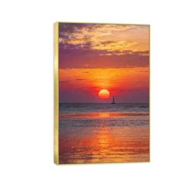Imagem de BMZFYBS Impressão em tela de paisagem pronta para pendurar - barco do pôr do sol do mar - pintura de arte de parede - decoração de casa moderna imagem moldura dourada 20 x 30 cm 8 x 12 pol