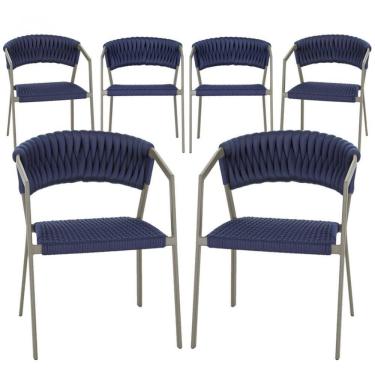 Imagem de 6 Cadeiras Atenas Tricô Náutico E Alumínio Uv Varanda Jantar Azul