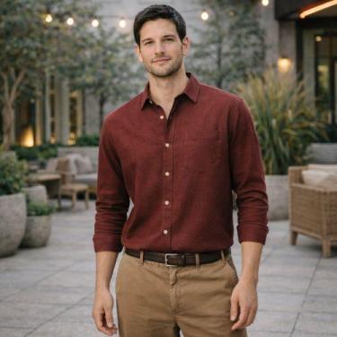 Imagem de Camisa Manga Longa Em Linho Masculina Hering, M, Vermelho escuro