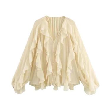 Imagem de Blusa Feminina De Manga Longa Com Babados Semi Transparente Casual Pri