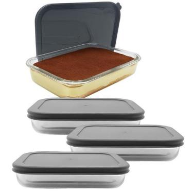 Imagem de Kit 3 Pote De Vidro Com Tampa Hermética Retangular Forno Microondas 15