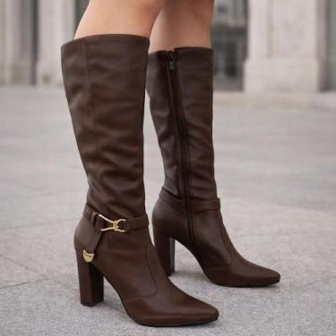 Imagem de Bota Feminina de Couro Original Cano Alto e Salto Grosso Alto Ramarim 