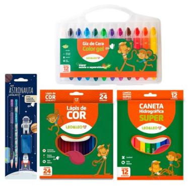 Imagem de Kit Material Escolar Papelaria Giz De Cera Gel Canetinha Lapis de Cor 