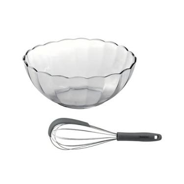 Imagem de Kit Tigela De Vidro 1L E Batedor Manual Fouet Em Aço Inox - Nadir