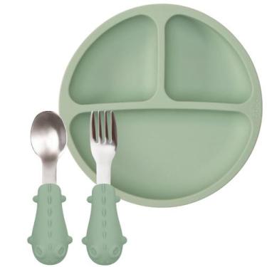 Imagem de Conjunto Pratinho C/ Divisórias E Ventosas Talheres Em Silicone E Aço 