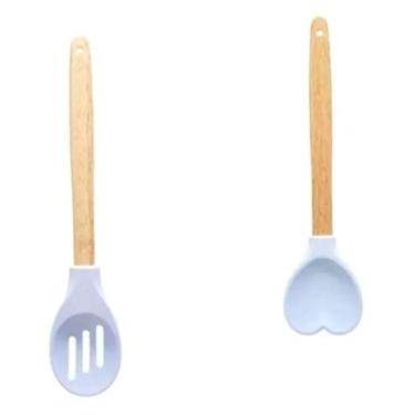 Imagem de Kit 2 Peças Colher Silicone + Espátula Coração C/Cabo Bambu (Azul)