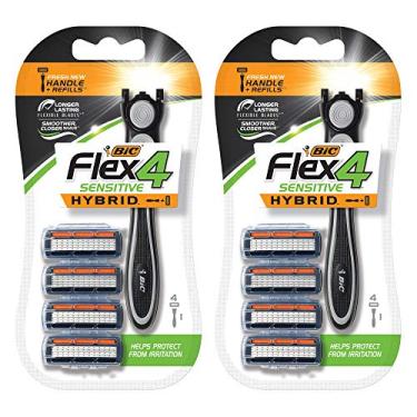 Imagem de BIC Lâminas de barbear masculinas descartáveis Flex 4 Sensitive Hybrid Titanium, para um barbear suave, ultra rente e confortável, 8 cartuchos e 2 alças, conjunto de 10 peças de barbear