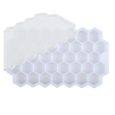 Imagem de Bandeja de cubo de gelo molde de cubo de gelo reutilizável favo de mel bandeja de cubo de gelo com tampa removível molde de cubo de gelo (cor: brancoWithLid)