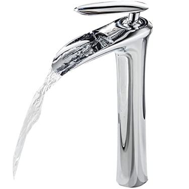 Imagem de Torneira de banheiro com cascata com torneira de vaidade de dreno pop-up torneira de banheiro de alça única casa de fazenda RV torneira de lavatório de navio montagem de deck, galvano