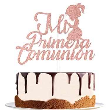 Imagem de FUUF Topo de bolo Mi Primera Comunión com glitter ouro rosa, primeira comunhão, meu batismo, batizado, aniversário de crianças, chá de bebê, suprimentos de decoração de festa de comunhão