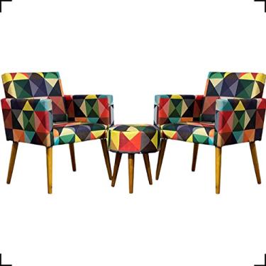 Imagem de Kit 2 Poltronas Cadeiras Para Sala Decorativas Reforçadas Confortáveis Para Recepção Manicure Sala De Espera + Puff Redondo Estampa Cores Pé Castanho - Clique & Decore (Triangulo Colorido)