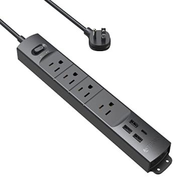 Imagem de TROND Filtro de linha com USB, plugue plano ultrafino de 0,9 m, cabo de extensão 1625W, 3 USB A e 1 tipo C, 4 tomadas CA 1440J, proteção contra surtos, listado ETL, suporte de parede para dormitório