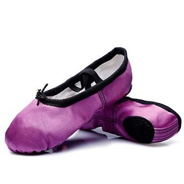 Imagem de MSMAX Sapatos de balé para meninas, sapatilhas de dança de cetim Performa para crianças (Bebê/Criança pequena/Criança grande), Roxa, 8 Toddler
