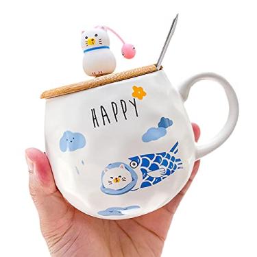 Imagem de Caneca de unicórnio com colher de tampa 3D linda xícara de chá de café de cerâmica conjunto de canecas de casal presente de aniversário para mulheres amantes de amigos (nuvem de peixe, 450 ml)