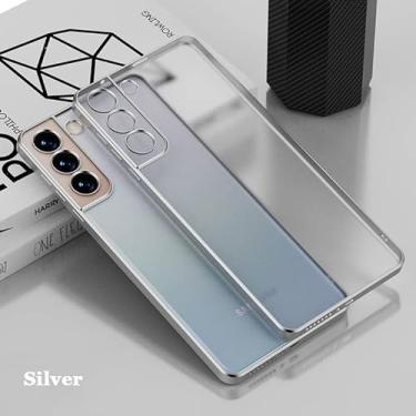 Imagem de Moldura de revestimento de borda reta transparente pele fosca sensação anti-impressão digital capa de telefone tpu para samsung galaxy s21 s20 fe s22 plus note20 ultra airbag anti-queda traseira capa protetora para pára-choques (S20 Ultra,Silver)
