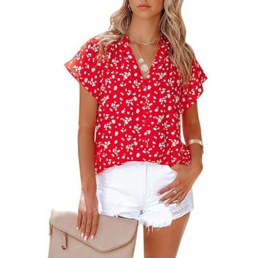 Imagem de Camisas casuais femininas Boho estampa floral manga curta cardigã tops meio botão para baixo decote em V blusas de chiffon, rosa, XXG