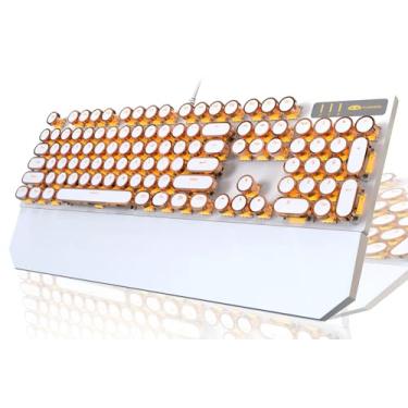 Imagem de Teclado gamer mecânico estilo máquina de escrever retrô punk com retroiluminação de LED dourada, com fio, 104 teclas, tamanho completo, teclas redondas para Windows/Mac/PC (branco e dourado)