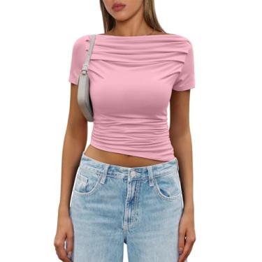 Imagem de Tankaneo Camisetas femininas com ombros de fora, gola canoa, manga curta, gola canoa, verão, Y2k, justas, básicas, rosa, G