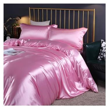 Imagem de Jogo de cama com capa de edredom de seda amoreira, lençol de cama de cetim luxuoso, cor sólida, King Queen, solteiro, macio (4 peças)
