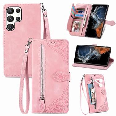 Imagem de Furiet Capa carteira para Samsung Galaxy S24 Ultra 5G com cordão de pulso, estampa de flor, bolso flip de couro, suporte para cartão, capa para celular S24Ultra 24S S 24 24Ultra Rosa
