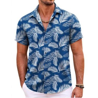 Imagem de COOFANDY Camisa masculina havaiana de manga curta listrada de botão para praia verão tropical, Folha azul, 3G