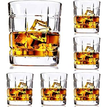 Imagem de First to act tactical Conjunto de 6 copos de uísque de cristal premium com 6 copos grandes sem chumbo para degustação de copos escoceses para beber uísque irlandês bourbon tequila (padrão quadrado, 6