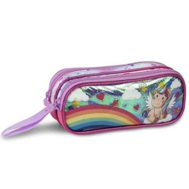 Imagem de Estojo 2 Divisórias Escolar Unicórnio Holográfico Rosa Clio