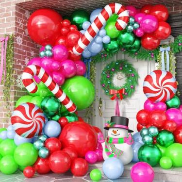 Imagem de Kit de arco de balão de Natal, 114 peças, vermelho, rosa-choque, limão, verde-escuro, azul pastel, conjunto de guirlanda de balão de látex de Natal com balões de folha de bengala doce para meninas e